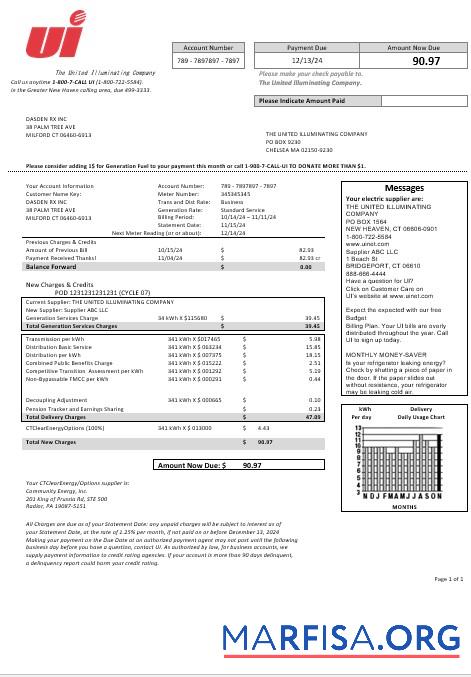 Blank USA Connecticut The United Illuminating Company electricity business utility bill template in Word and PDF formats